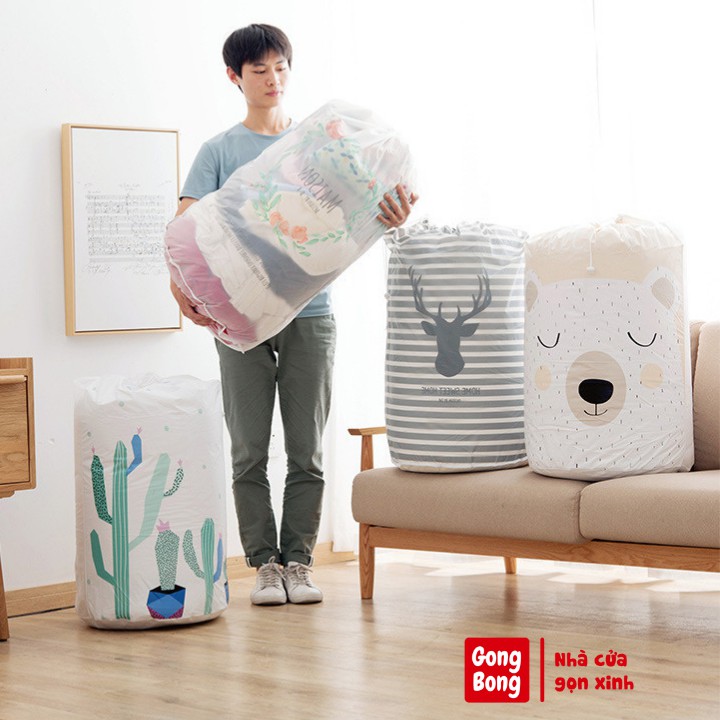 Túi đựng chăn màn quần áo 135l chống thấm nước hình thú cute có dây rút túm miệng cất trữ đồ tiện lợi