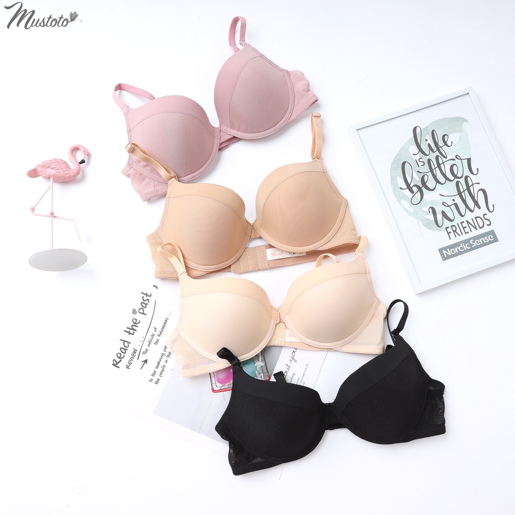 Combo 2 Áo Lót Nữ Mút Mỏng Nâng Ngực Trơn Phối Lưới Bra Cao Cấp Hồng Da Đậm (Mustoto MA43)