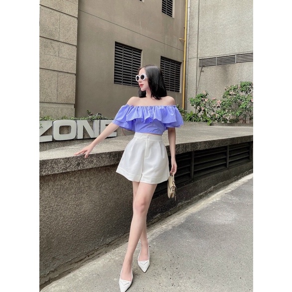 Set áo croptop hở/bẹt/trễ/rớt vai xanh kèm quần short ngắn trắng,bộ thời trang hot girl đi chơi dạo phố quyến rũ gợi cảm