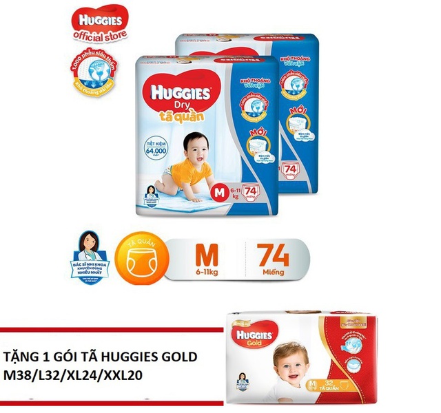 Bộ 2 tã quần Huggies M74/L68/XL62/XXL56 + Tặng 1 gói tã Huggies Gold cùng loại