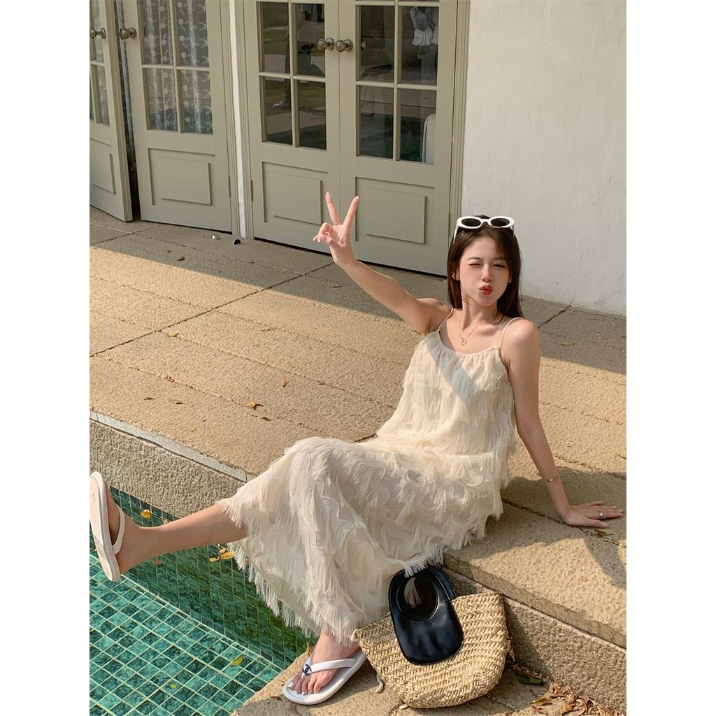 Đầm MIDI Hai Dây Dáng Rộng Phong Cách Hàn Quốc Lãng Mạn