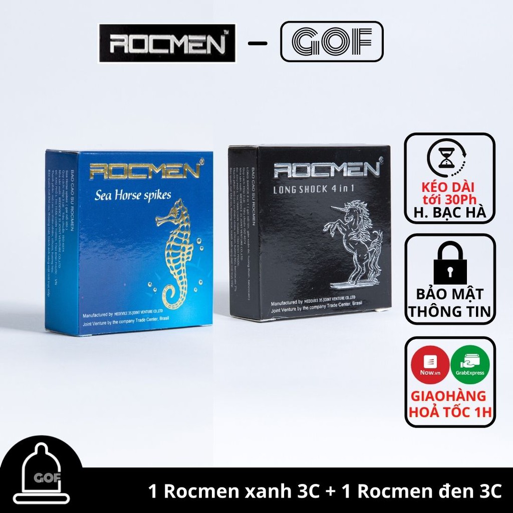 Combo Bao cao su kéo dài thời gian Rocmen đen Long Shock 4 in 1 và Bcs gai Rocmen Xanh Hộp 3C