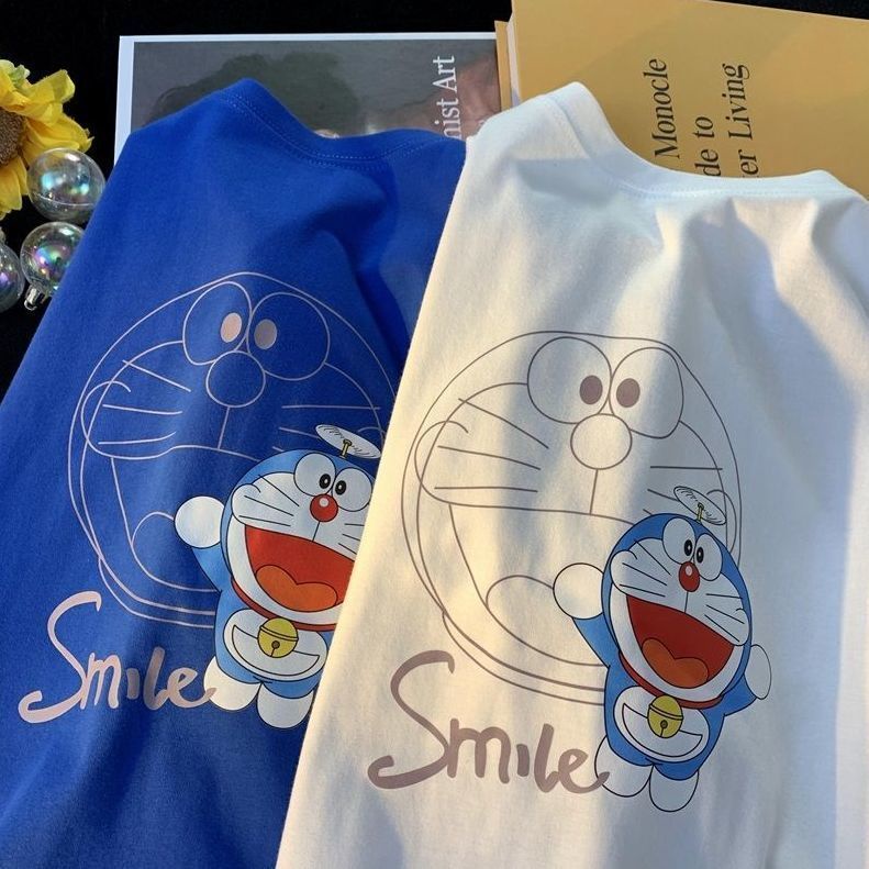 Áo Thun 100% cotton Tay Ngắn Dáng Rộng In Hình Doraemon Thời Trang Mùa Hè Cho Nam Và Nữ