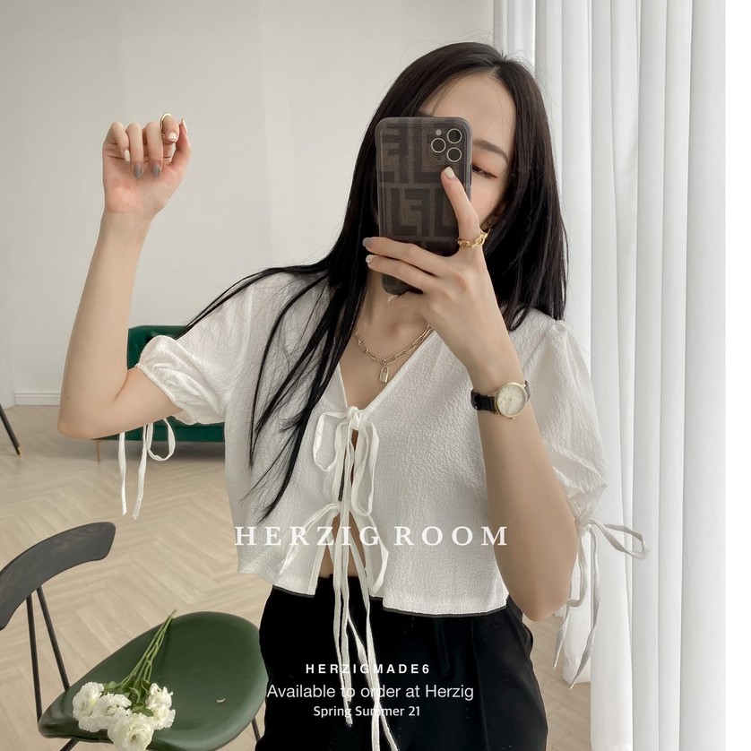 Áo croptop buộc nơ HERZIGMADE mặc 2 mặt chất thun sần Wana top - A2757