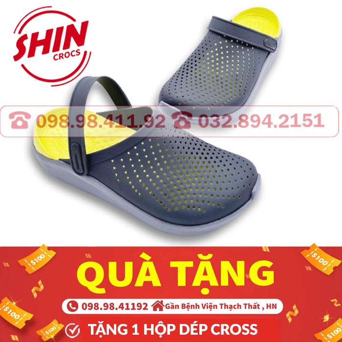 dép cross quai ngang họa tiết xám lót xanh SHINCR518HI tặng thêm 1 hộp dép