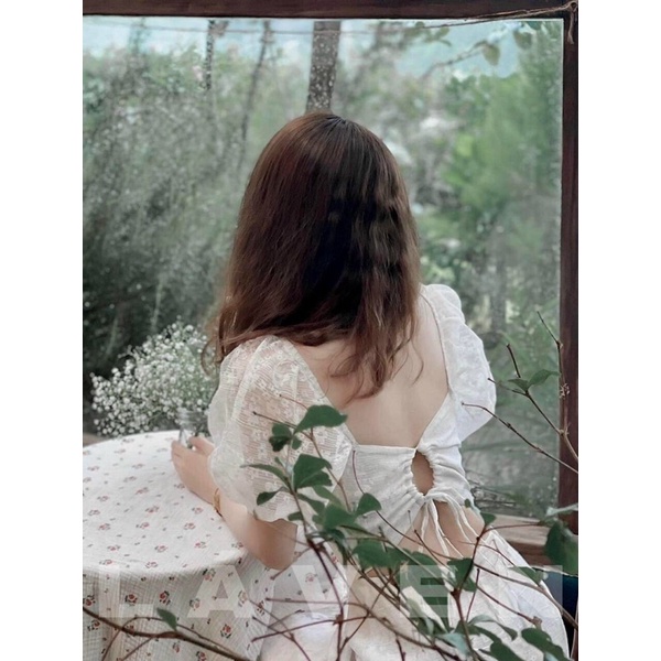 Váy trắng tiểu thư tay phồng cổ vuông hở lưng Naza