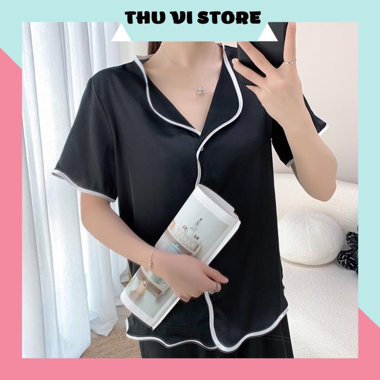 Đồ Bộ Pijama, Bộ Mặc Nhà Áo Nữ Lụa Tay Ngắn Quần Dài Cổ Lật Gợn Sóng Chất Liệu Lụa Satin Nhiều Màu, Form Rộng Rãi Thoáng | BigBuy360 - bigbuy360.vn