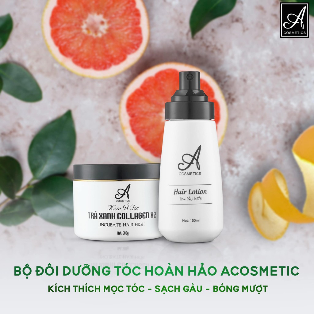 Combo Ủ tóc trà xanh + Tinh dầu bưởi Ácosmetics, Phục hồi tóc hư tổn, giảm rụng tóc, trị hói hiệu quả