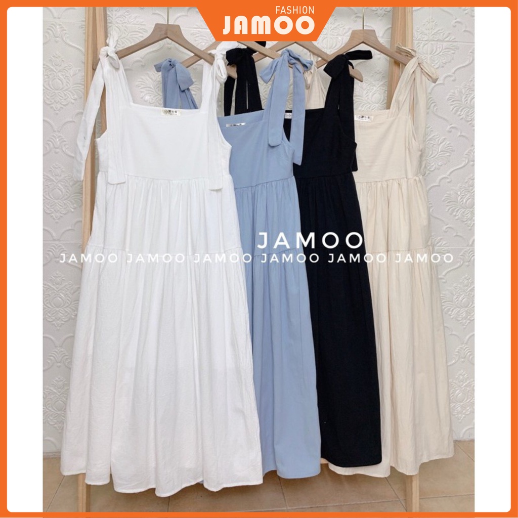 Váy hai dây babydoll buộc nơ vai chất thô 4 màu_ Váy nữ thiết kế Jamoo (video/hình thật/sẵn)