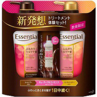 Bộ gội xả, tinh dầu dưỡng tóc KAO Essential Nhật 480+480+20ml màu vàng