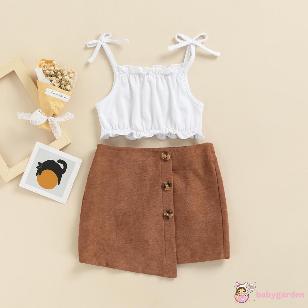 Bộ áo hai dây + chân váy mini co giãn màu nâu cho bé gái