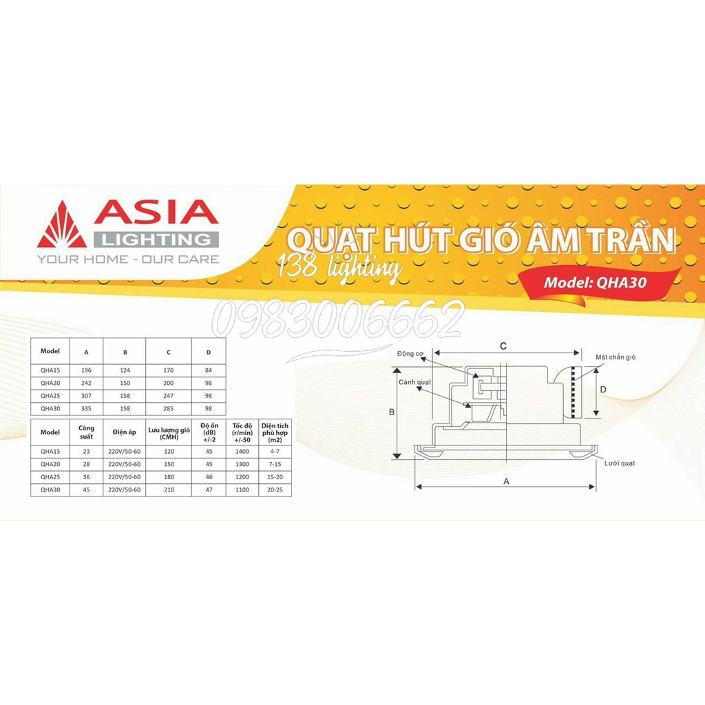 Quạt hút mùi ,hút gió âm trần Asia bảo hành 2 năm
