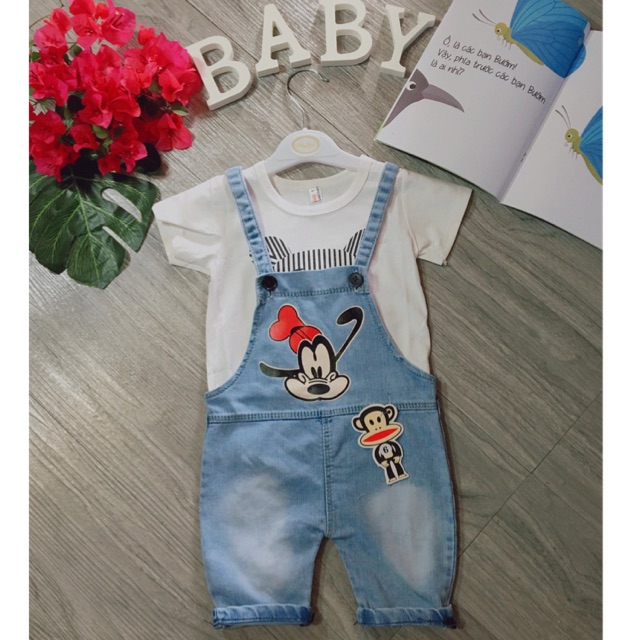 set quần yếm bò ngố kèm áo phông gấu