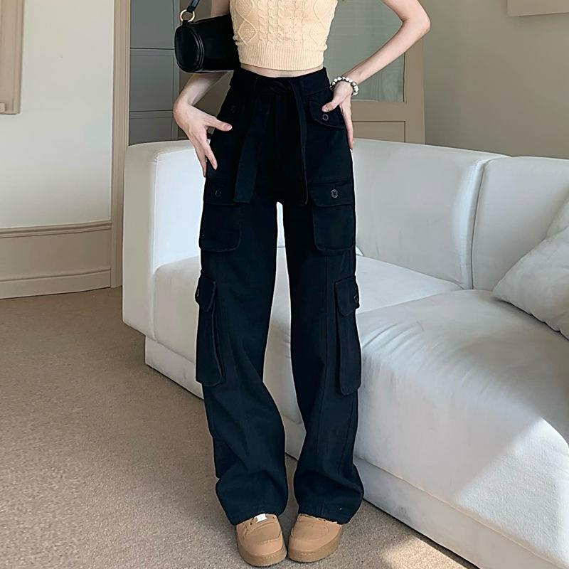 Quần Jean Đen Lưng Cao Ống Rộng Nhiều Túi Phong Cách Đường Phố Mỹ Thời Trang Thu Đông Cho Nữ
