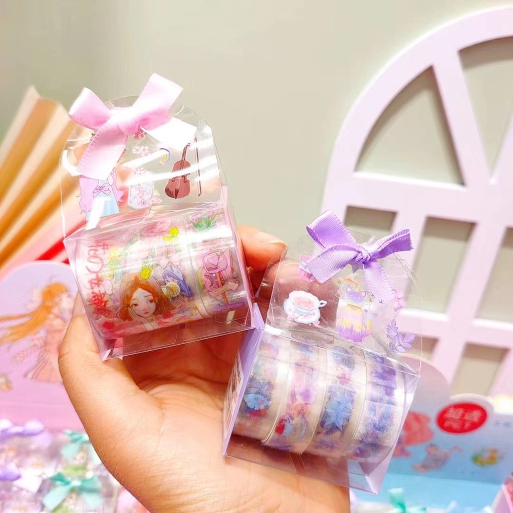 Set Băng Keo Cute Mini PVC Trong Suốt Trang Trí, Hộp Gift Box Dễ