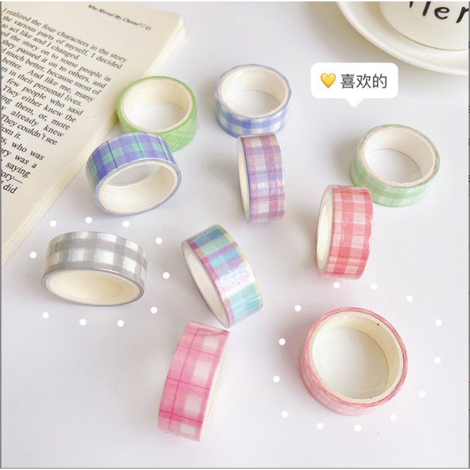 Cuộn băng dính washi tape họa tiết caro dễ thương, màu pastel trang trí sổ, dụng cụ học tập SUNNYSTORE