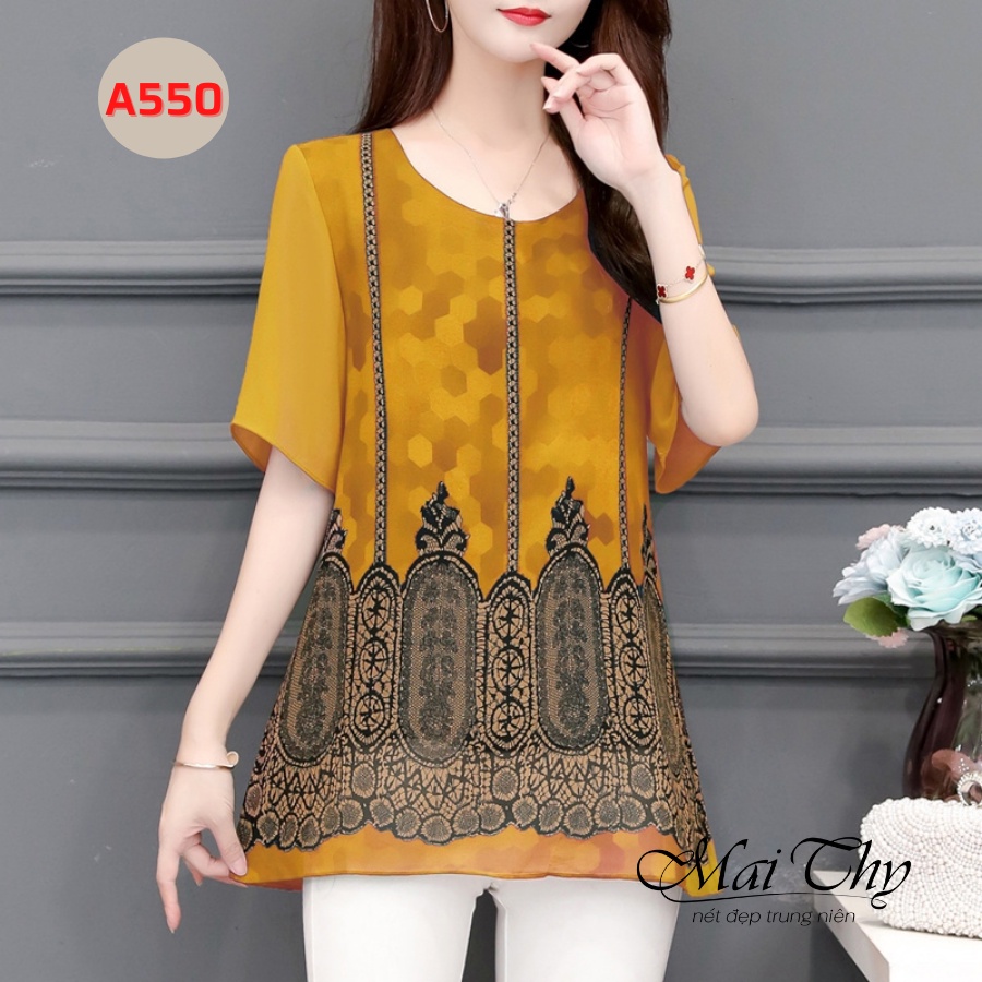 Áo Kiểu Thổ Cẩm MAI THY 550, Mẫu Áo Trung Niên Họa Tiết Thổ Cẩm Ngắn Tay Cổ Tròn Trang Nhã | Thời Trang Trung Niên U40