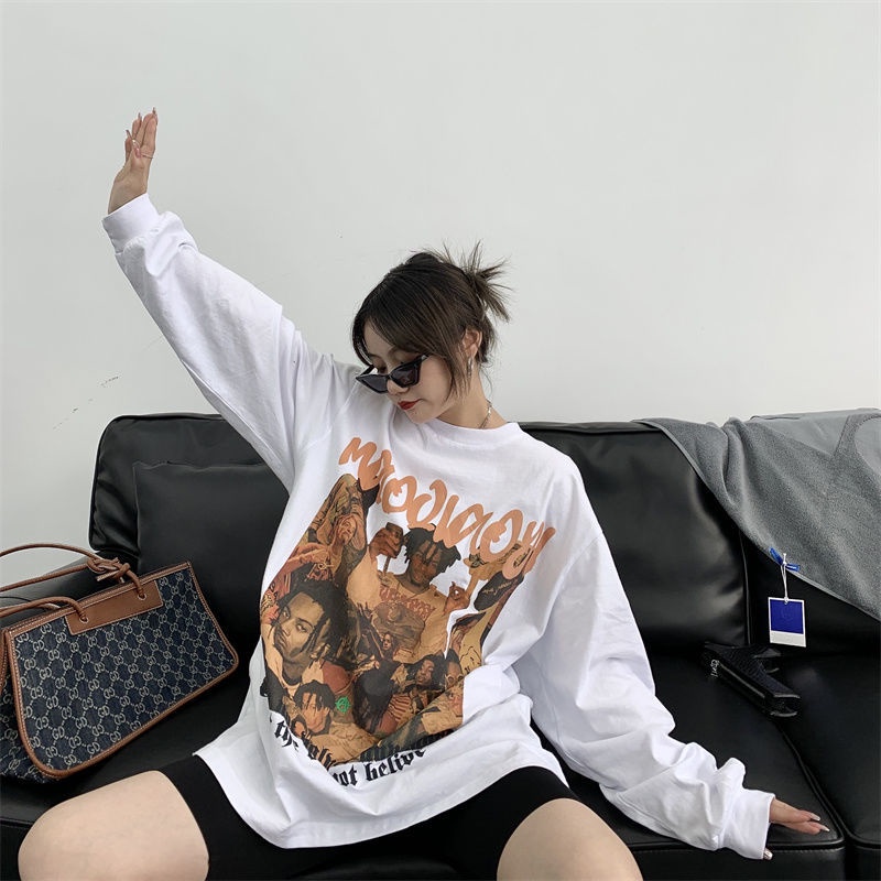 Áo thun IELGY tay dài dáng rộng in họa tiết phong cách hip hop Hàn Quốc dễ phối đồ thời trang cho nữ
