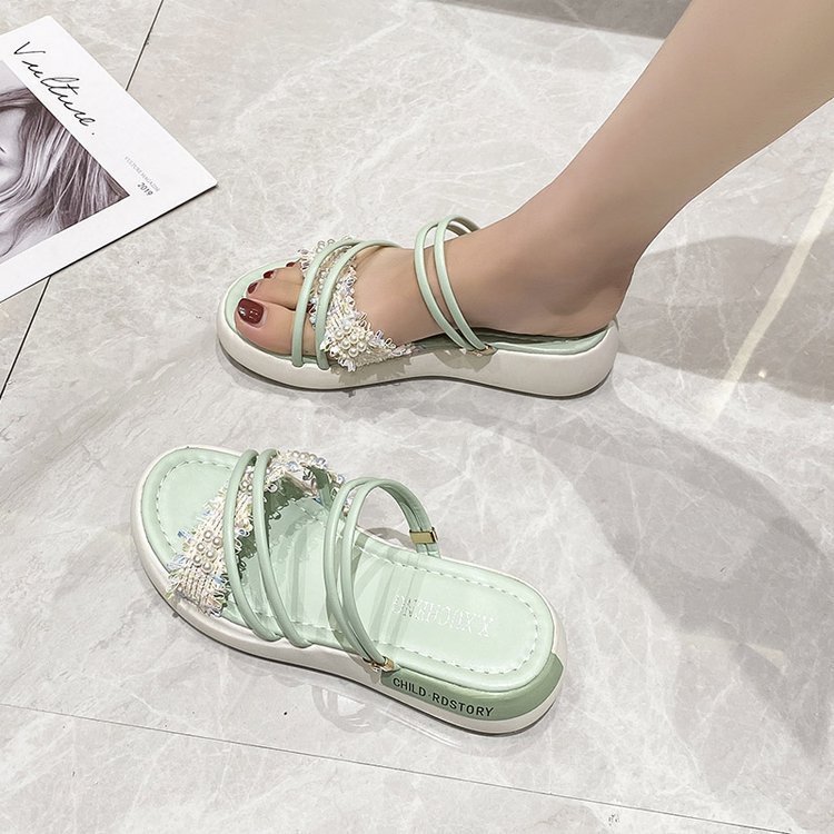 Giày quai hậu RENBEN đế dày hai cách mang quai đính ngọc trai phong cách Hàn Quốc dành cho nữ