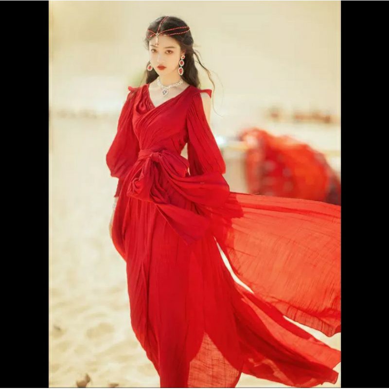 Váy bohemian đỏ chụp hình sang xịn style Tây Tạng