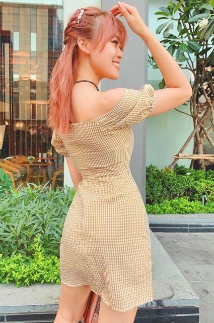 Đầm Nữ Caro Vàng Trễ Vai