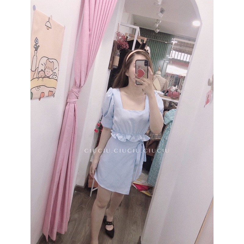 Set Áo Croptop Caro Xanh Lai Bèo Kèm Cv Cột Vạt