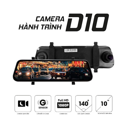 Camera hành trình gắn gương D10, cảnh báo va chạm, màn hình full HD, bảo hành 12 tháng