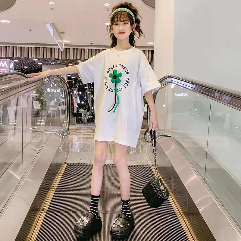 Áo baby tee thun nữ cotton tay ngắn thêu họa tiết màu sắc tương phản thời trang mùa hè 7-10 Tuổi