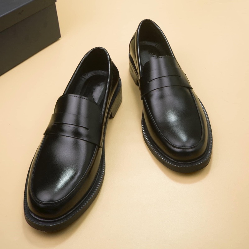 Giày Penny Loafer Black da bò thật nguyên tấm cao cấp LF-02