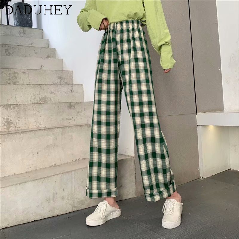 DaDuHey💕 Women's Plaid Elastic Waist Wide Leg Pants Women Floor Straight Plus Size Casual Loose Floor Trousers