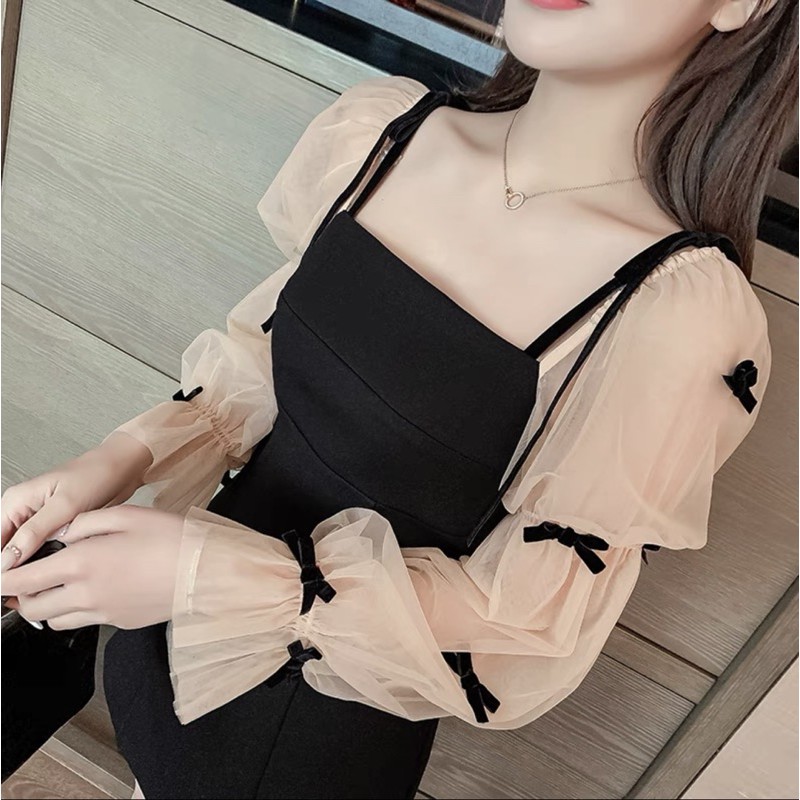 Váy đen tiểu thư tay lưới đính nơ ❤️❤️❤️