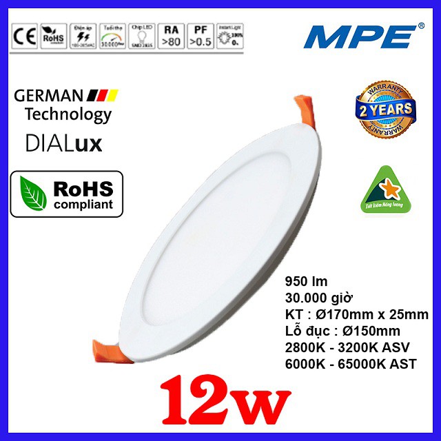 Đèn led âm trần 12W Tròn MPE RPL-12 ( Tiêu chuẩn Châu Âu ) - Điện Việt