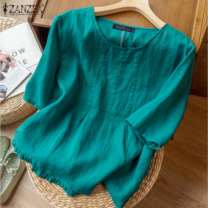 ZANZEA Áo Thun Nữ Ngắn Tay Cổ Tròn Vạt Không Đều Thời Trang