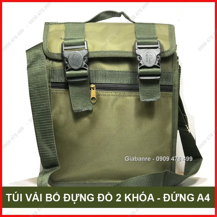 TÚI VẢI BỐ XANH LÍNH DẠNG ĐỨNG A4 2 NGĂN 2 KHOÁ - CAO 31CM - 3252A