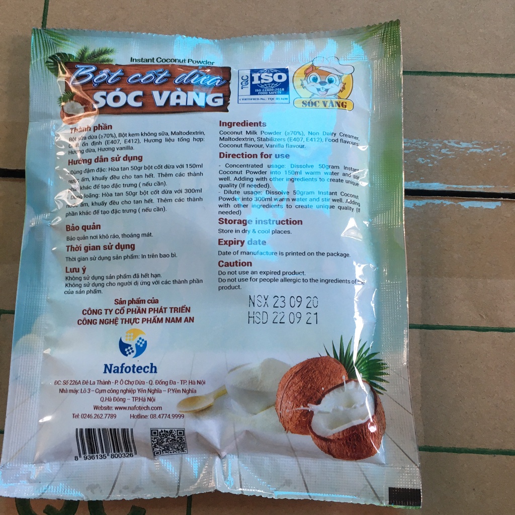 1 Gói BỘT CỐT DỪA SÓC VÀNG 50gr - Hiệu Nafotech chính hãng chuyên dùng nấu chè, làm bánh và pha chế đồ uống