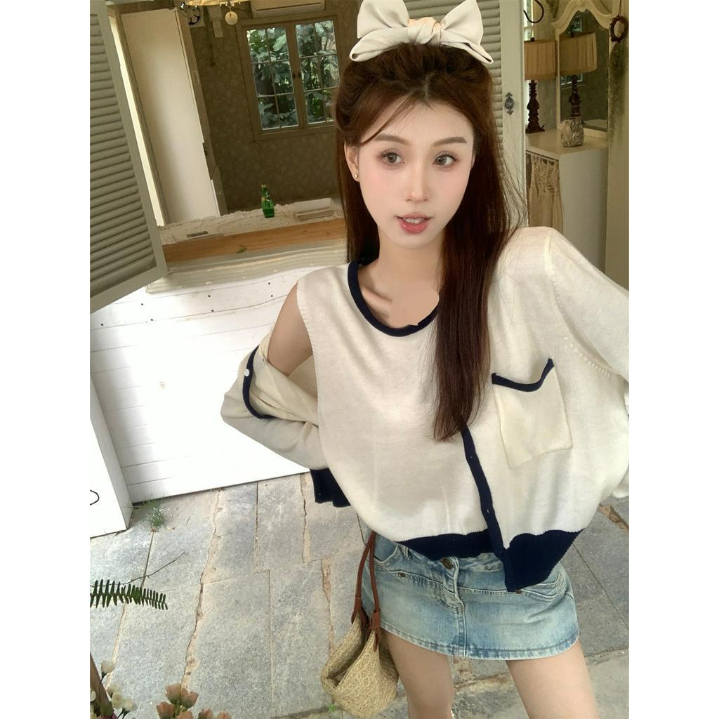 ZHELIHANGFEI Bộ Áo Khoác Cardigan Dệt Kim Tay Dài Màu Sắc Tương Phản Phong Cách Hàn Quốc Thời Trang Cho Nữ