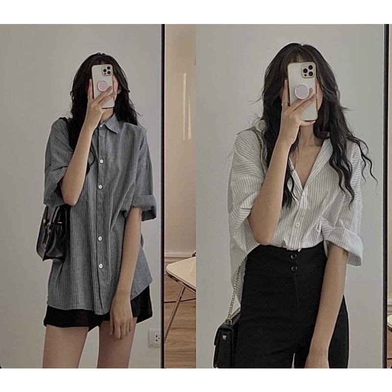 Áo sơ mi kẻ cúc lưng cổ đức chất linen - Áo sơ mi nữ basic Nhà Tẹo
