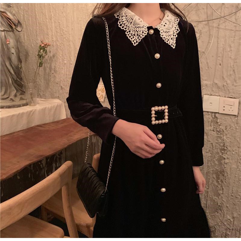 #O46 Đầm nhung/ váy nhung cúc dọc kèm đai lưng ORDER TMALL có hàng cau 16 ngày