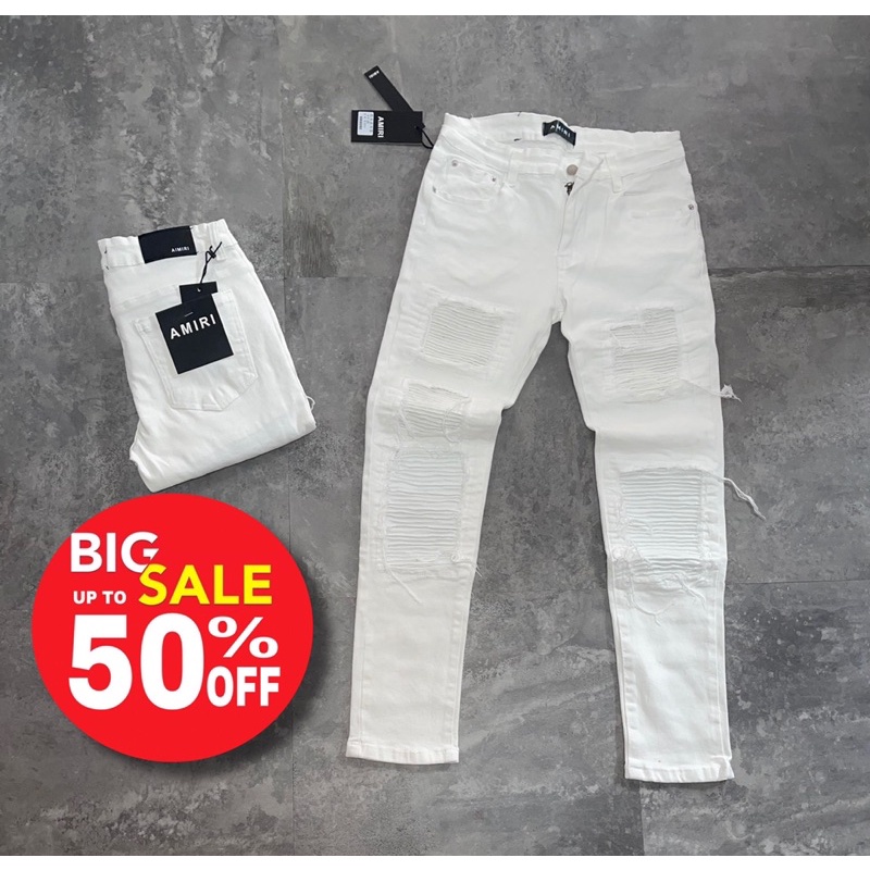 Quần jean trắng vá nhăn to khâu viền,quần bò nam màu trắng amiri vá nhăn dáng slimfit rách xước