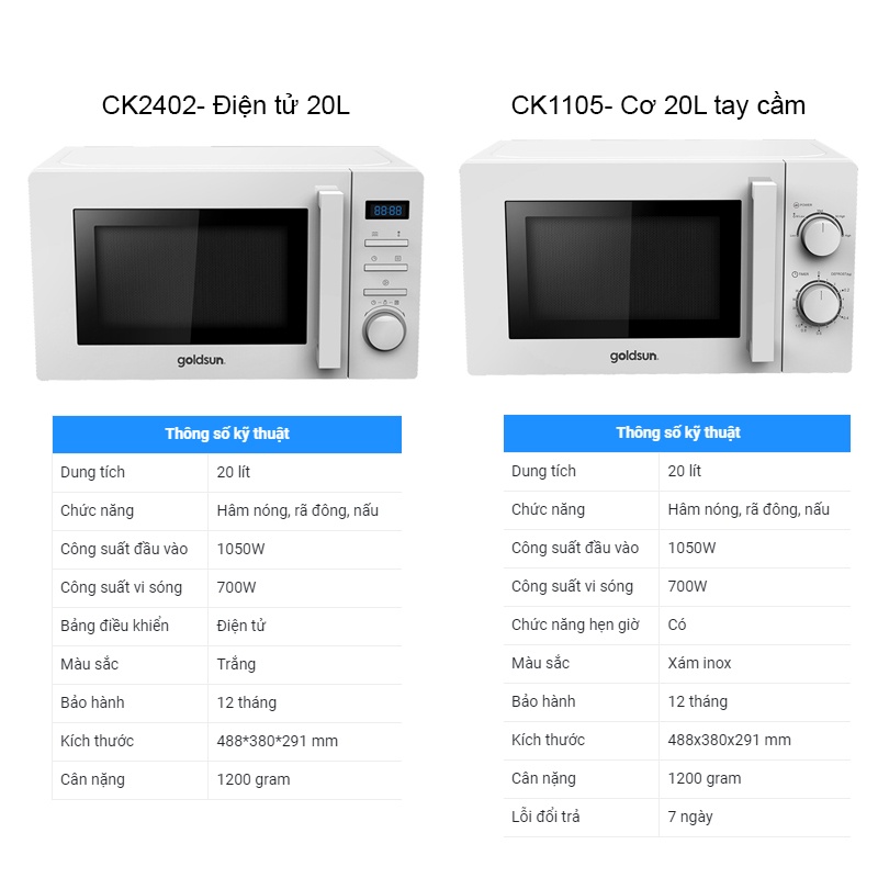 Lò vi sóng điện tử Goldsun CK2402 20L và Lò vi sóng cơ Goldsun CK1105 20L tay cầm - Công suất 700W - Bảo hành 12 tháng