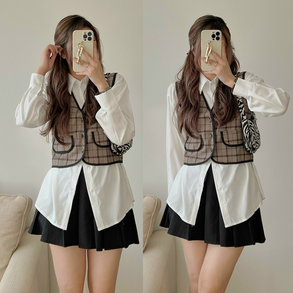 Áo sơ mi Hàn Quốc, Áo sơ mi trắng dáng rộng và yếm gile dạ kẻ caro style Ulzzang