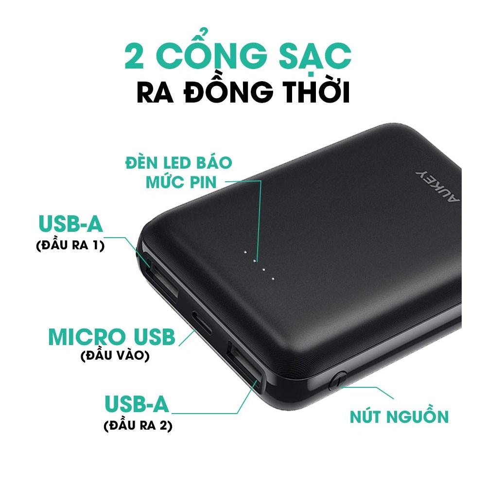 Pin Sạc Dự Phòng 10000mAh Aukey PB-N66 2 Cổng Sạc 2.4A Công Suất 12W Công Nghệ Aipower Thông Minh