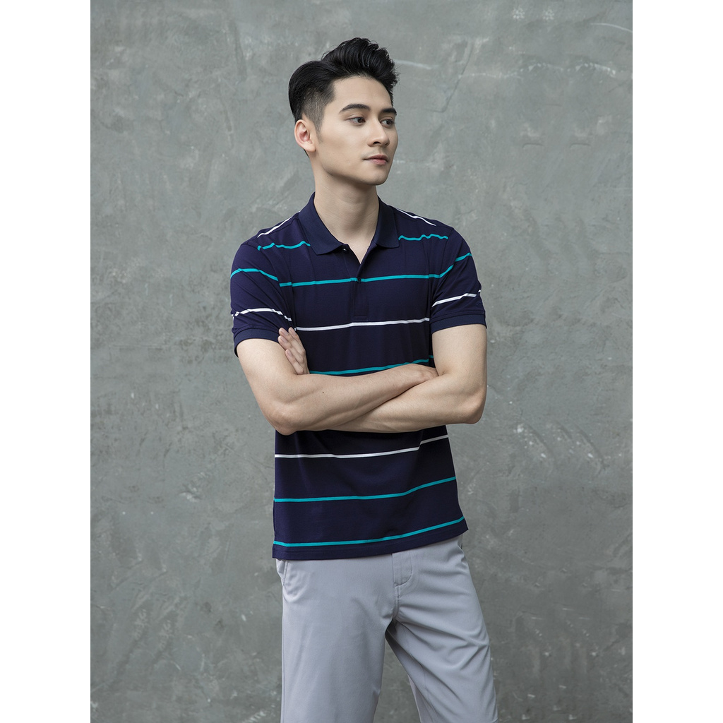 Áo Thun Nam Tay Ngắn Có Cổ Aristino APS072S1 Màu Xanh Tím Than 9 Kẻ Jacquard Phom Regular Fit Chất Liệu Cotton