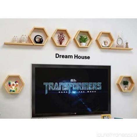 Bộ 6 kệ gỗ treo tường hình lục giác + 3 thanh ngang 40cm kết hợp gỗ thông kệ đựng đồ