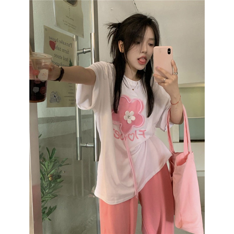 Áo Thun Ngắn Tay In Họa Tiết Hoa Ba Chiều Phong Cách Hàn Quốc Mới Cho Nữ