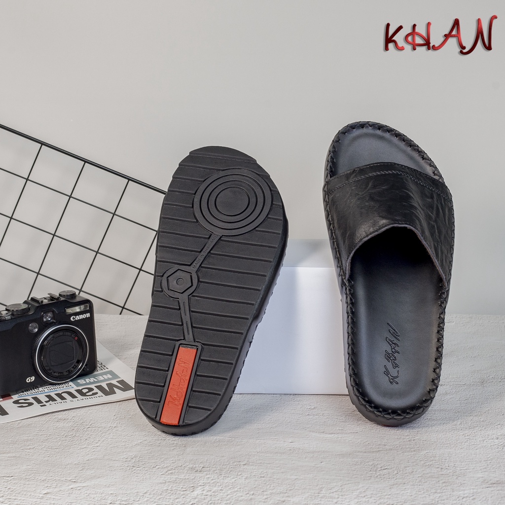 Dép Nam quai ngang , quai ngang trơn da bò cao cấp A-02 màu đen