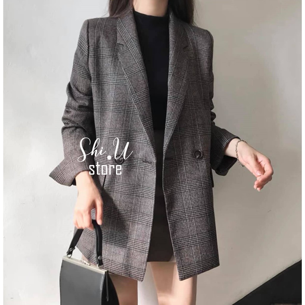 Áo Khoác Blazer Nữ Kẻ Ô Xẻ Tay 2 Lớp Dáng Rộng Ulzzang Thời Trang Hàn Quốc