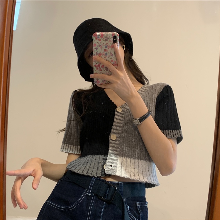 Áo croptop XIAOZHAINV tay ngắn cổ chữ V phong cách cổ điển cho nữ