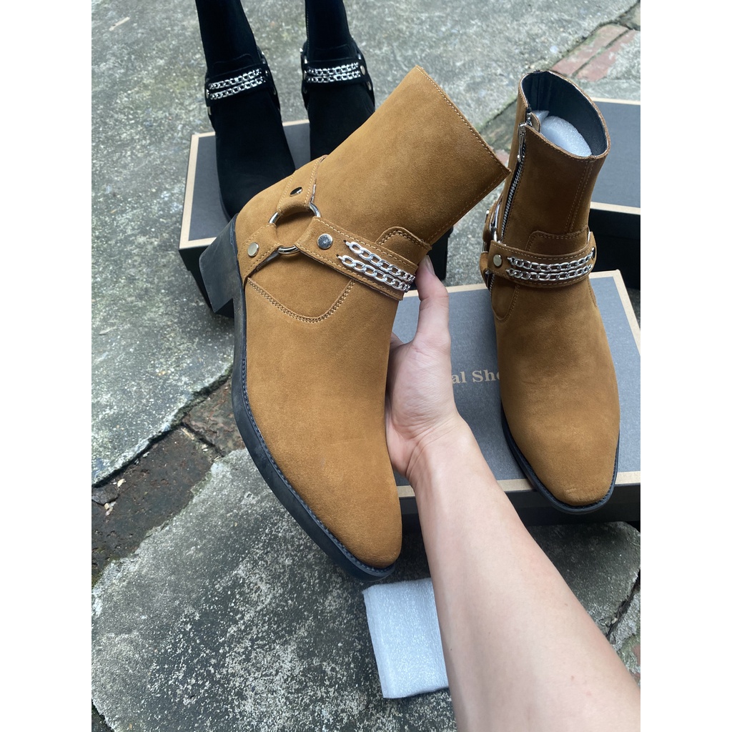 Giày Harness Boots thời trang nam chất liệu da bò lộn màu nâu khóa zip | BigBuy360 - bigbuy360.vn