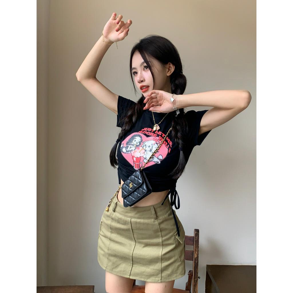 Áo Thun Crop Top Tay Ngắn Cổ Tròn In Hình Chú Chó Hoạt Họa Trái Tim Phối Dây Đeo Thời Trang Mùa Hè Mới Cho Bạn